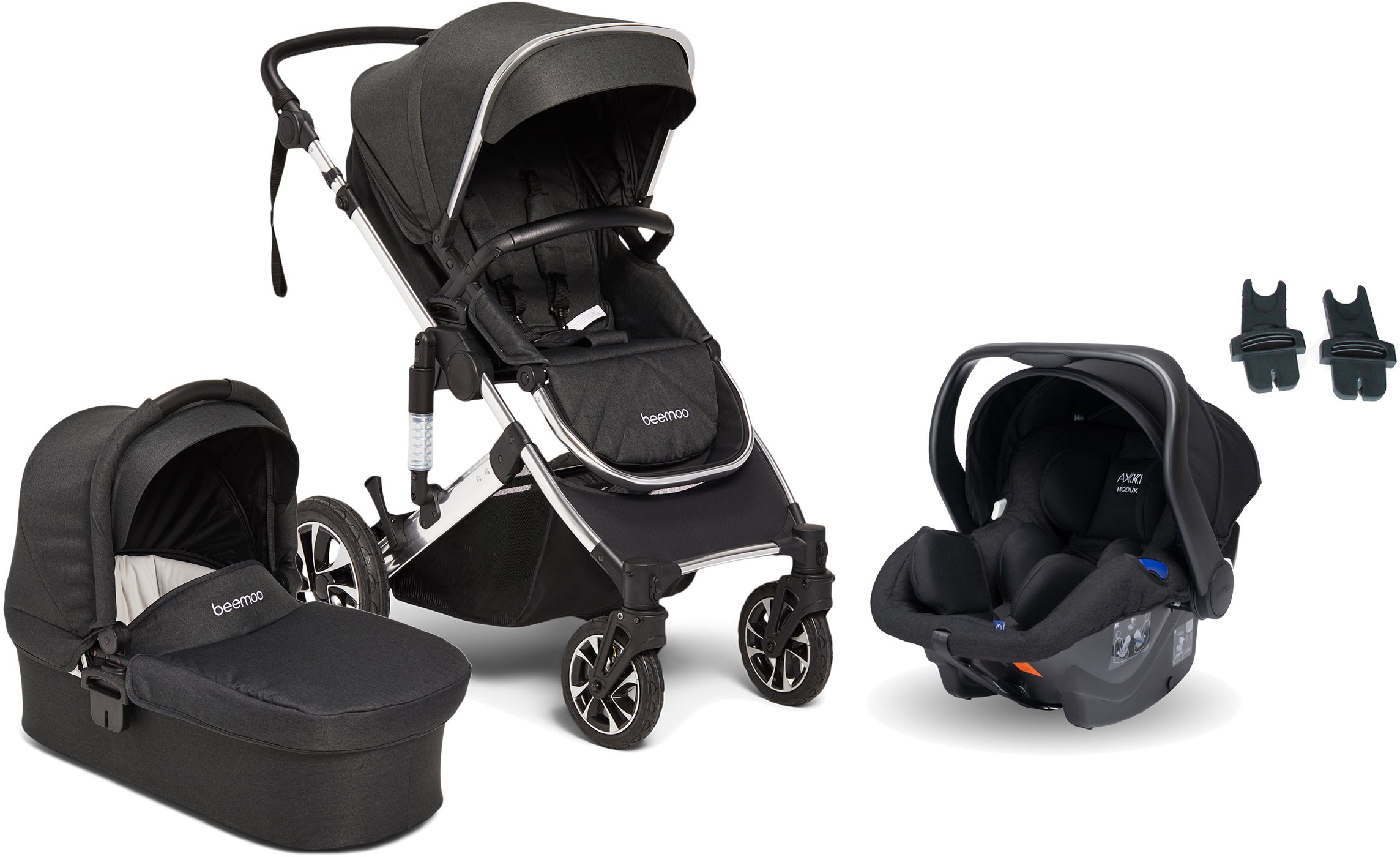 Beemoo Maxi 4 Duovogn Inkl. Axkid Modukid Infant Autostol Baby, Black/Silver, Barnevogn Beemoo Maxi 4 Duovogn Inkl. Axkid Modukid Infant Autostol Baby, Black/Silver, Barnevogn