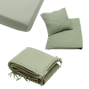 Tiny Republic muslin sengerand + baby lagen + babysengetøj