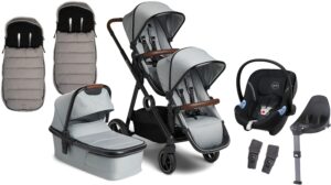 Beemoo Pro Multi Søskendevogn inkl. Cybex Aton M Autostol Baby m. Base, Barnevognsdel & Køreposer, Cloud Grey/Black