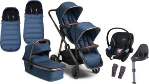 Beemoo Pro Multi Søskendevogn inkl. Cybex Aton M Autostol Baby m. Base, Barnevognsdel & Køreposer, Midnight Blue