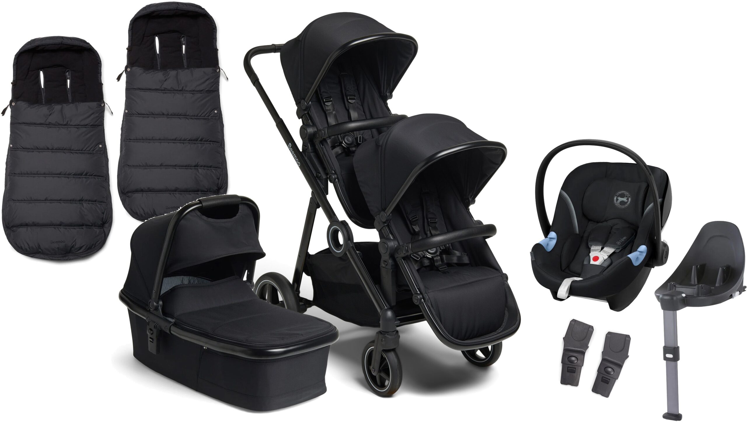Beemoo Pro Multi Søskendevogn inkl. Cybex Aton M Autostol Baby m. Base & Køreposer, Black/Black Beemoo Pro Multi Søskendevogn inkl. Cybex Aton M Autostol Baby m. Base & Køreposer, Black/Black