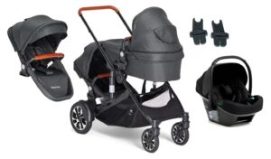 Beemoo Maxi 4 Twin Søskendevogn inkl. Ekstra Søskendesæde & Route i-Size Autostol Baby, Black/Black Stone