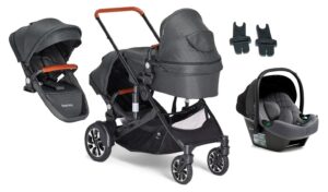 Beemoo Maxi 4 Twin Søskendevogn inkl. Ekstra Søskendesæde & Route i-Size Autostol Baby, Black/Mineral Grey