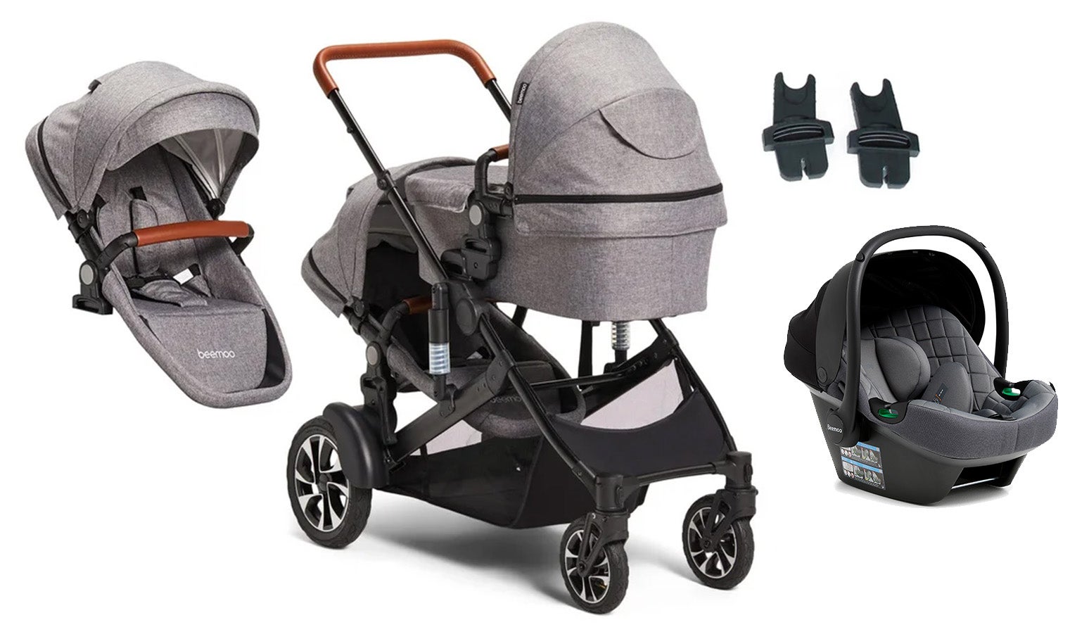 Beemoo Maxi 4 Twin Søskendevogn inkl. Ekstra Søskendesæde & Route i-Size Autostol Baby, Grey/Mineral Grey Beemoo Maxi 4 Twin Søskendevogn inkl. Ekstra Søskendesæde & Route i-Size Autostol Baby, Grey/Mineral Grey