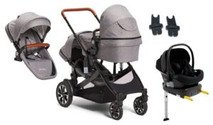 Beemoo Maxi 4 Twin Søskendevogn inkl. Ekstra Søskendesæde & Route i-Size Autostol Baby & ISOFIX Base, Grey/Black Stone