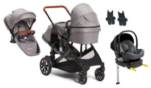 Beemoo Maxi 4 Twin Søskendevogn inkl. Ekstra Søskendesæde & Route i-Size Autostol Baby & ISOFIX Base, Grey/Mineral Grey