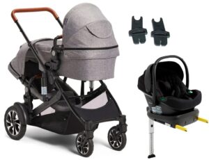 Beemoo Maxi 4 Twin Søskendevogn inkl. Route i-Size Autostol Baby & ISOFIX Base, Grey/Black Stone