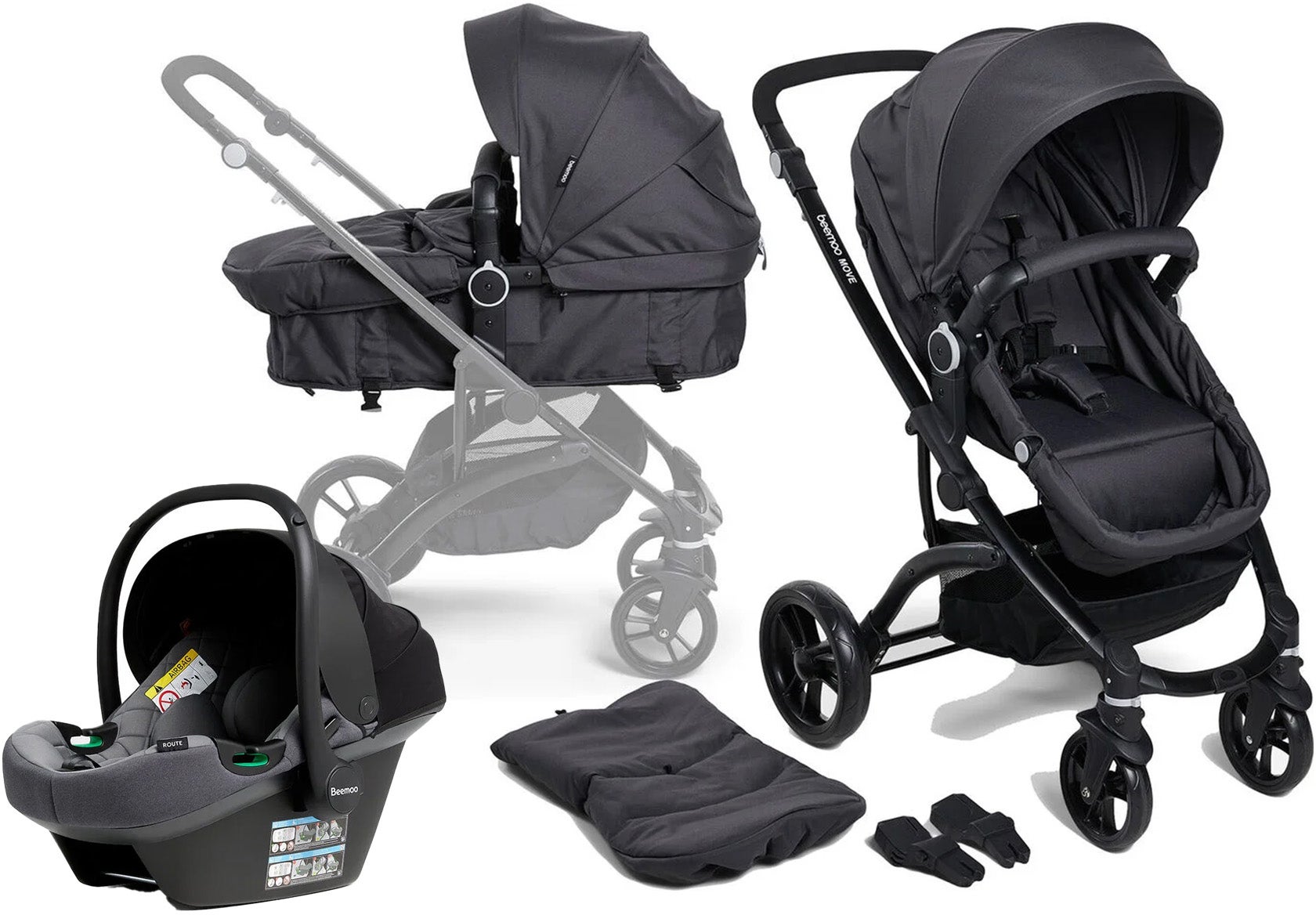 Beemoo Move 2-in-1 Kombivogn inkl. Route i-Size Autostol Baby, Asphalt/Mineral Grey Beemoo Move 2-in-1 Kombivogn inkl. Route i-Size Autostol Baby, Asphalt/Mineral Grey