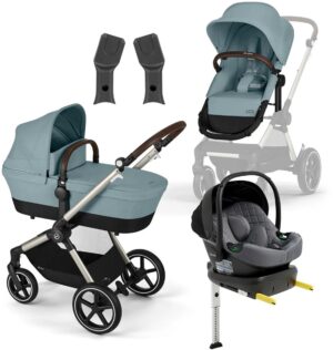 Cybex EOS Lux Duovogn inkl. Beemoo Route i-Size Autostol Baby & ISOFIX Base, Sky Blue/Mineral Grey