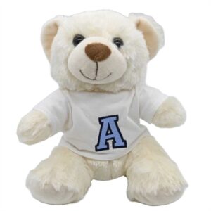 Hvid signatur bamse i t-shirt med blåt bogstav
