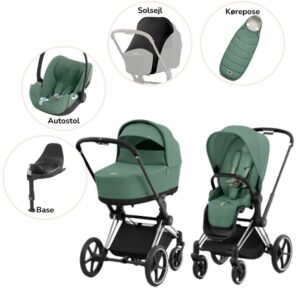 Priam Duovogn med autostol, base, kørepose og solsejl - leaf green/chrome black Plus