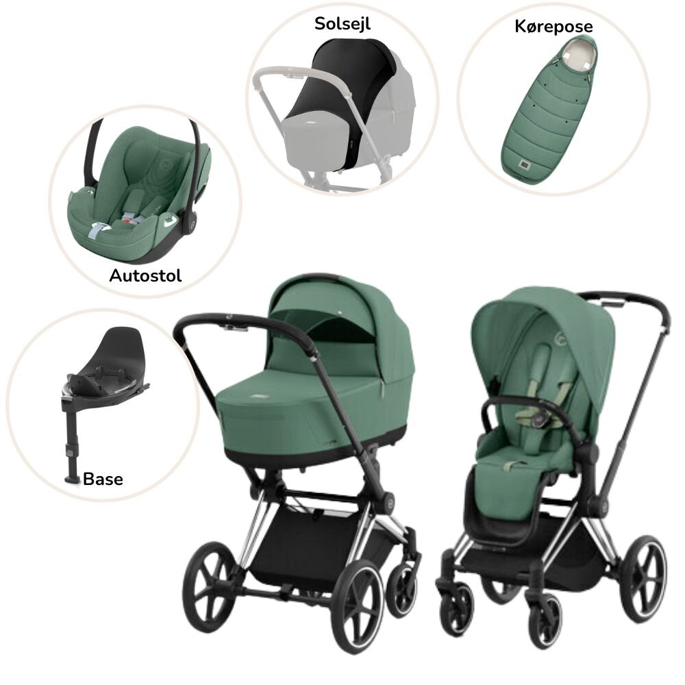 Priam Duovogn med autostol, base, kørepose og solsejl - leaf green/chrome black Plus Priam Duovogn med autostol, base, kørepose og solsejl - leaf green/chrome black Plus
