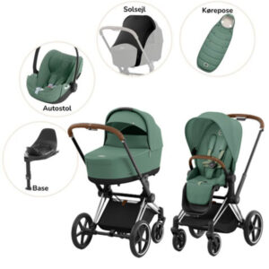 Priam Duovogn med autostol, base, kørepose og solsejl - leaf green/chrome brown Plus