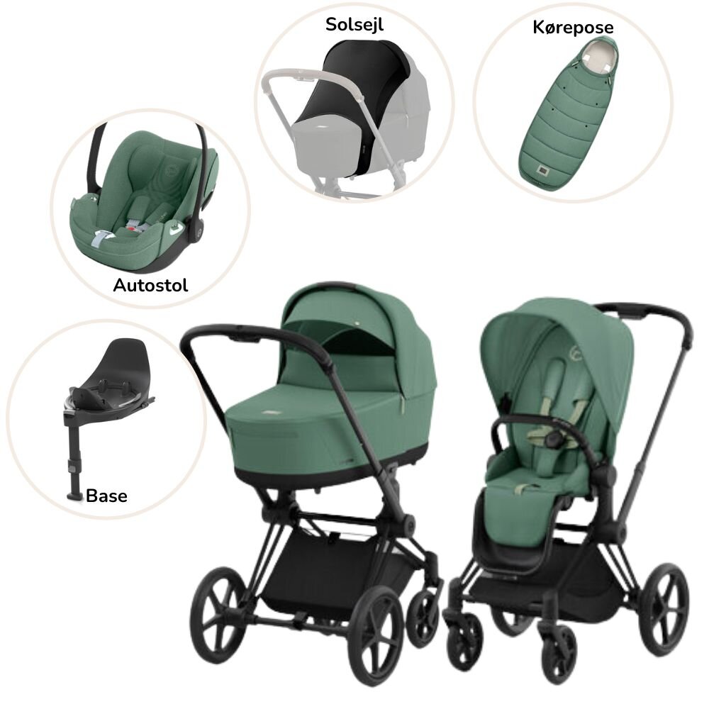 Priam Duovogn med autostol, base, kørepose og solsejl - leaf green/matt black Plus Priam Duovogn med autostol, base, kørepose og solsejl - leaf green/matt black Plus