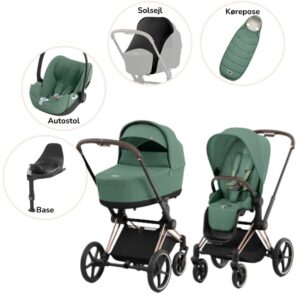 Priam Duovogn med autostol, base, kørepose og solsejl - leaf green/rosegold Plus