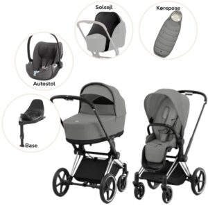 Priam Duovogn med autostol, base, kørepose og solsejl - mirage grey/chrome black