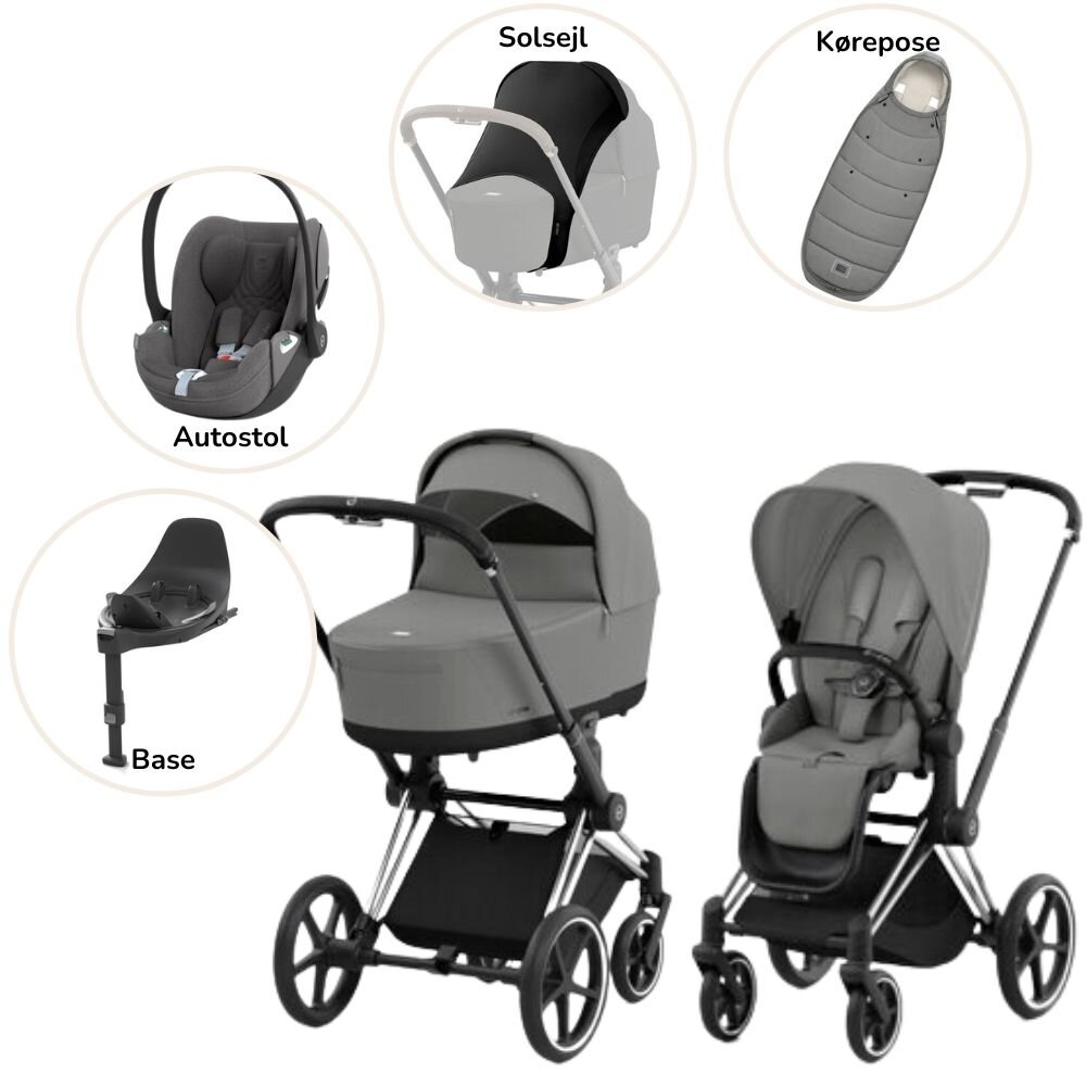 Priam Duovogn med autostol, base, kørepose og solsejl - mirage grey/chrome black Plus Priam Duovogn med autostol, base, kørepose og solsejl - mirage grey/chrome black Plus