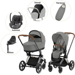 Priam Duovogn med autostol, base, kørepose og solsejl - mirage grey/chrome brown