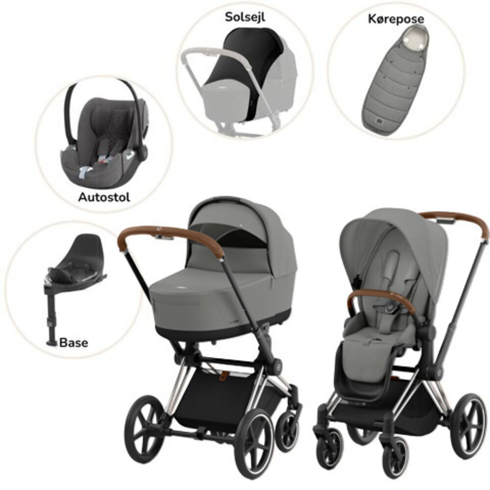 Priam Duovogn med autostol, base, kørepose og solsejl - mirage grey/chrome brown Priam Duovogn med autostol, base, kørepose og solsejl - mirage grey/chrome brown