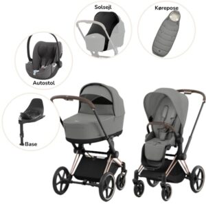 Priam Duovogn med autostol, base, kørepose og solsejl - mirage grey/rosegold Plus