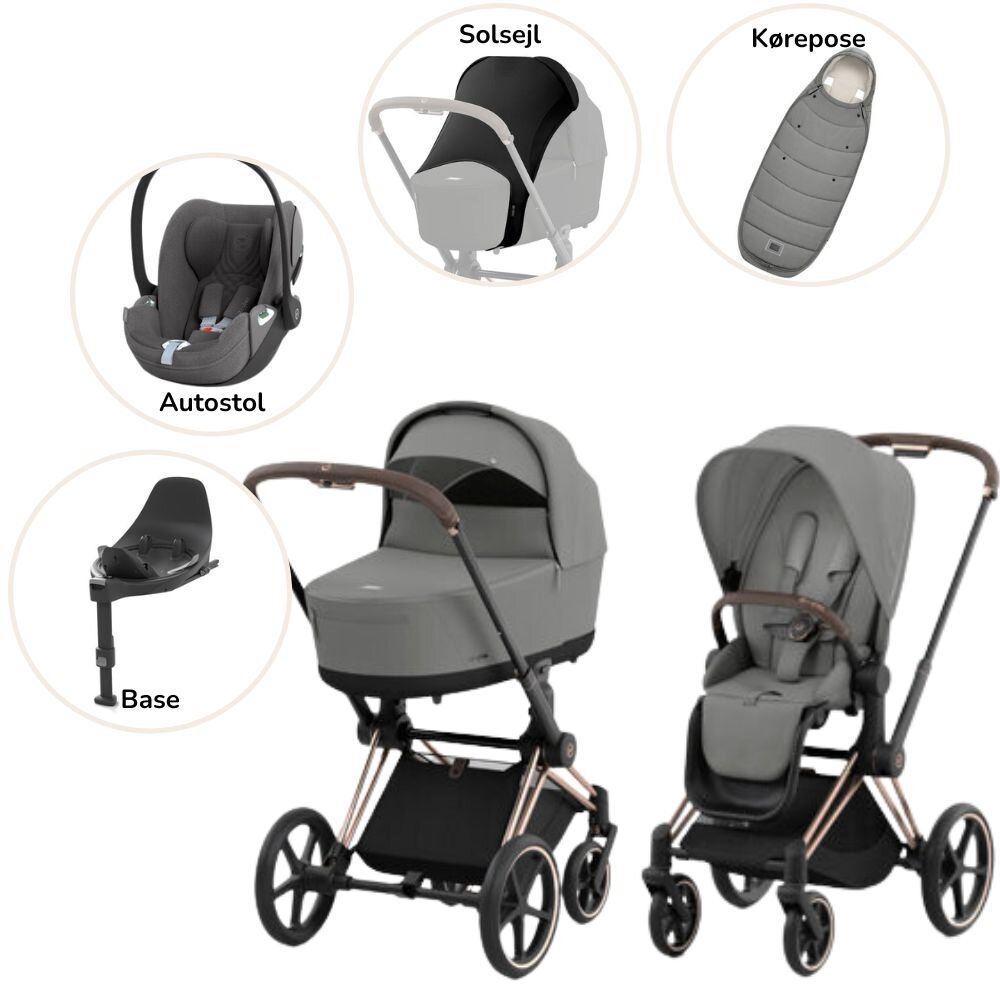 Priam Duovogn med autostol, base, kørepose og solsejl - mirage grey/rosegold Plus Priam Duovogn med autostol, base, kørepose og solsejl - mirage grey/rosegold Plus