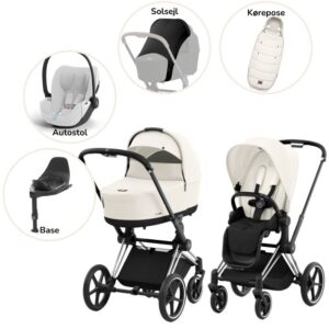 Priam Duovogn med autostol, base, kørepose og solsejl - off white/chrome black Plus