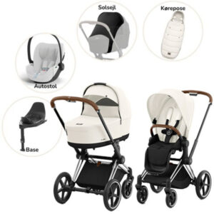 Priam Duovogn med autostol, base, kørepose og solsejl - off white/chrome brown Plus