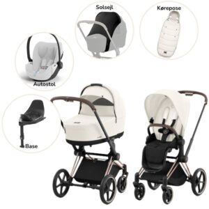 Priam Duovogn med autostol, base, kørepose og solsejl - off white/rosegold Plus