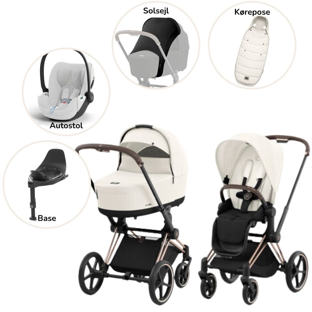 Priam Duovogn med autostol, base, kørepose og solsejl - off white/rosegold Plus Priam Duovogn med autostol, base, kørepose og solsejl - off white/rosegold Plus