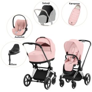 Priam Duovogn med autostol, base, kørepose og solsejl - peach pink/chrome black Plus
