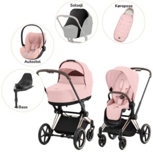 Priam Duovogn med autostol, base, kørepose og solsejl - peach pink/rosegold Plus
