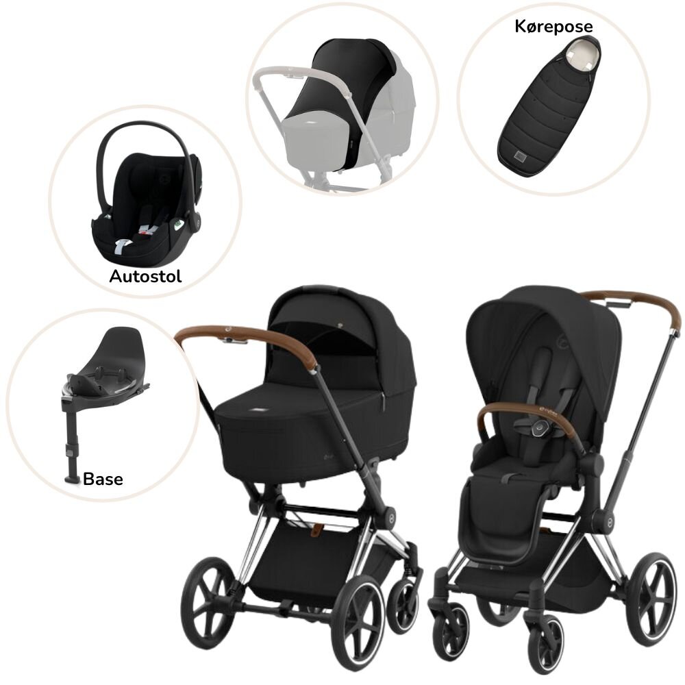 Priam Duovogn med autostol, base, kørepose og solsejl - sepia black/chrome brown Plus Priam Duovogn med autostol, base, kørepose og solsejl - sepia black/chrome brown Plus