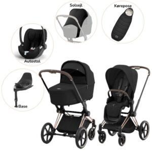 Priam Duovogn med autostol, base, kørepose og solsejl - sepia black/rosegold