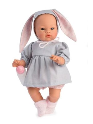 Asi Koke baby doll in gray dress with a hood with rabbit ears 36 cm