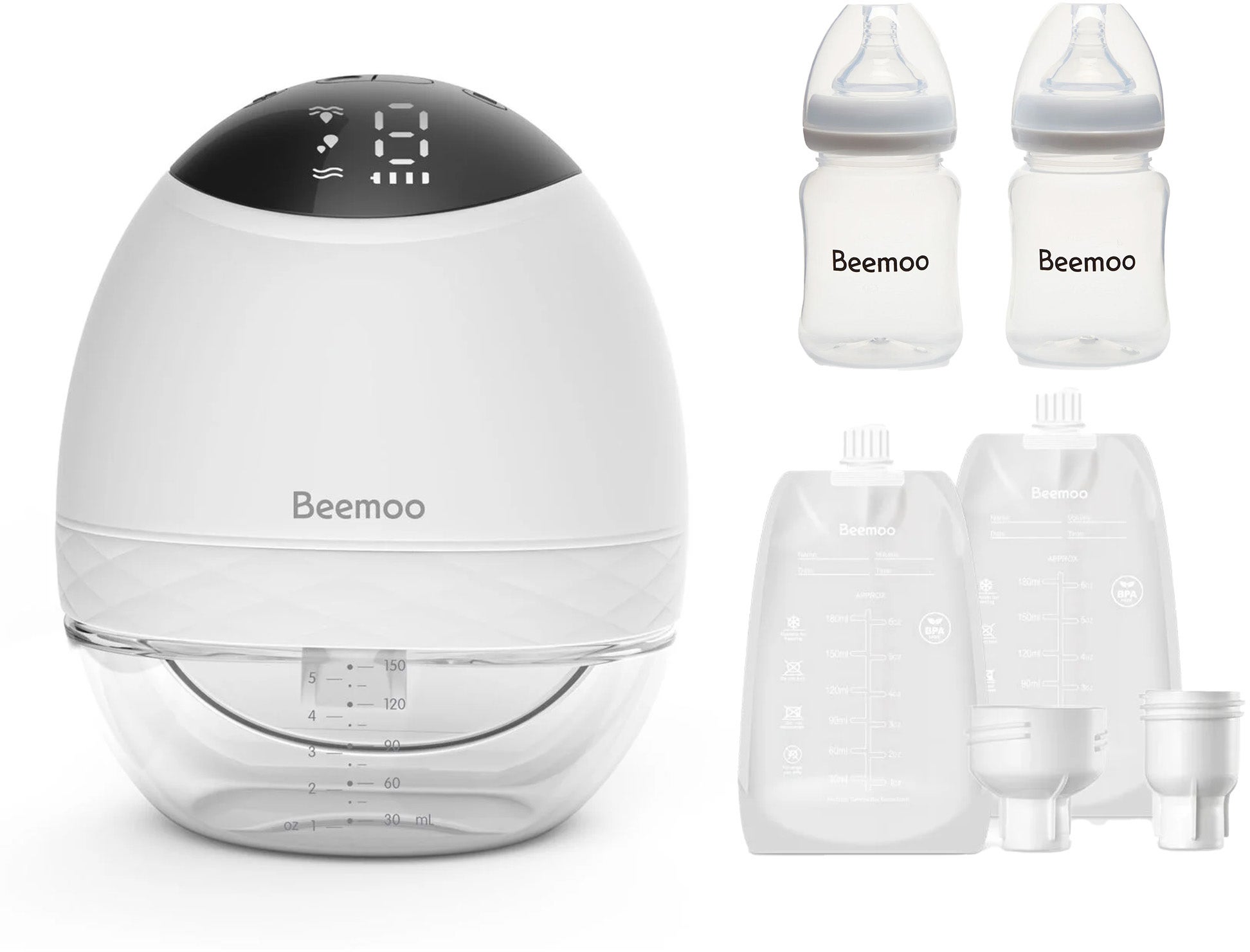 Beemoo CARE Wearable LED Elektrisk Brystpumpe Single inkl. Modermælksposer 30-pak & Flasker 2-pak Beemoo CARE Wearable LED Elektrisk Brystpumpe Single inkl. Modermælksposer 30-pak & Flasker 2-pak