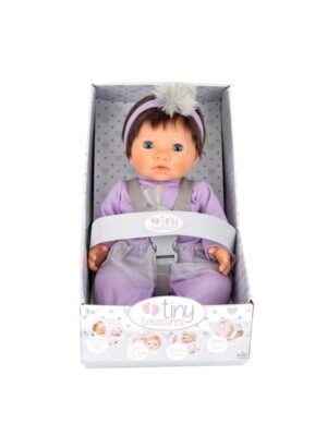 Tiny Treasures Dukke med mørkt hår og lilla outfit