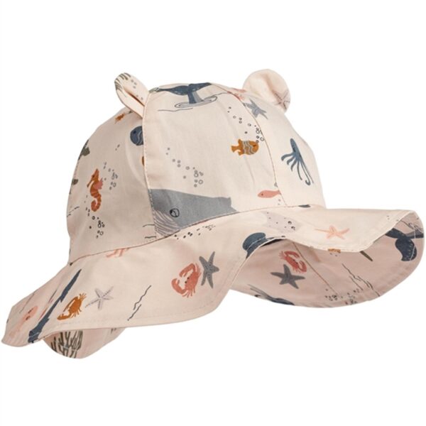 Liewood Amelia Printed Solhat M. Ører Sea Creature/Whale blue - Str. 3-4 år