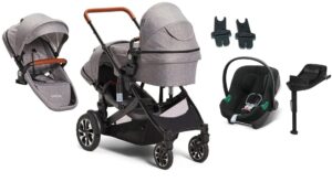 Beemoo Maxi 4 Twin Søskendevogn inkl. Ekstra Søskendesæde & Cybex Aton B2 i-Size Autostol Baby & Base, Grey/Volcano Black