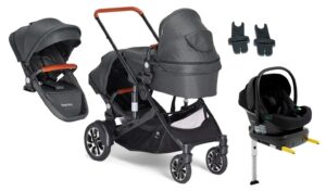 Beemoo Maxi 4 Twin Søskendevogn inkl. Ekstra Søskendesæde & Route i-Size Autostol Baby & ISOFIX Base, Black/Black Stone