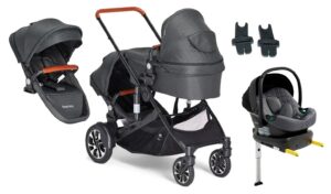 Beemoo Maxi 4 Twin Søskendevogn inkl. Ekstra Søskendesæde & Route i-Size Autostol Baby & ISOFIX Base, Black/Mineral Grey