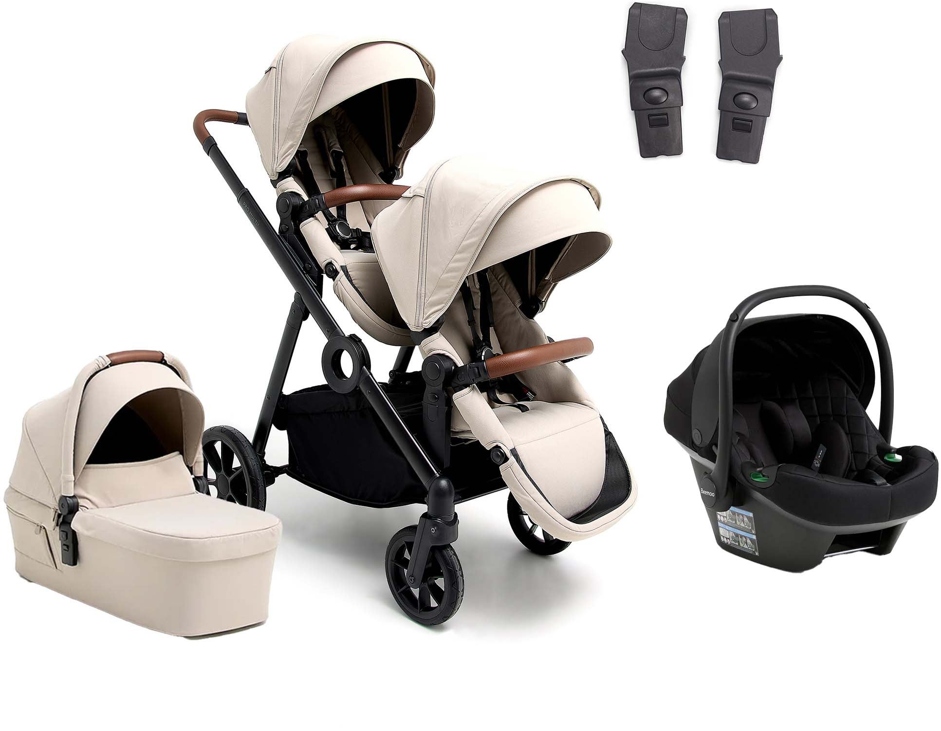 Beemoo Pro Multi 2 Søskendevogn inkl. Route i-Size Autostol Baby, Latte Beige/Black Stone Beemoo Pro Multi 2 Søskendevogn inkl. Route i-Size Autostol Baby, Latte Beige/Black Stone
