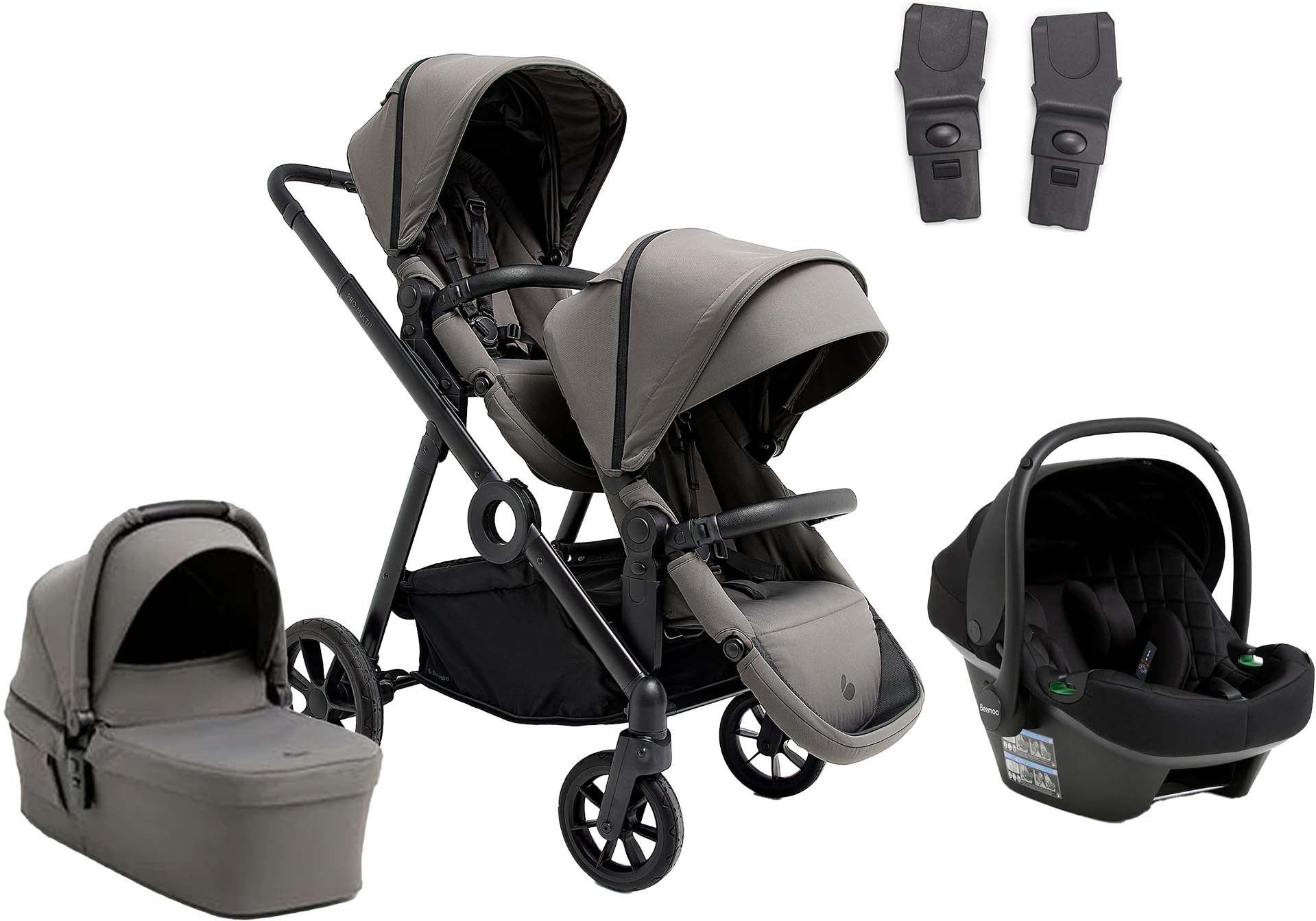 Beemoo Pro Multi 2 Søskendevogn inkl. Route i-Size Autostol Baby, Mocha Grey/Black Stone Beemoo Pro Multi 2 Søskendevogn inkl. Route i-Size Autostol Baby, Mocha Grey/Black Stone