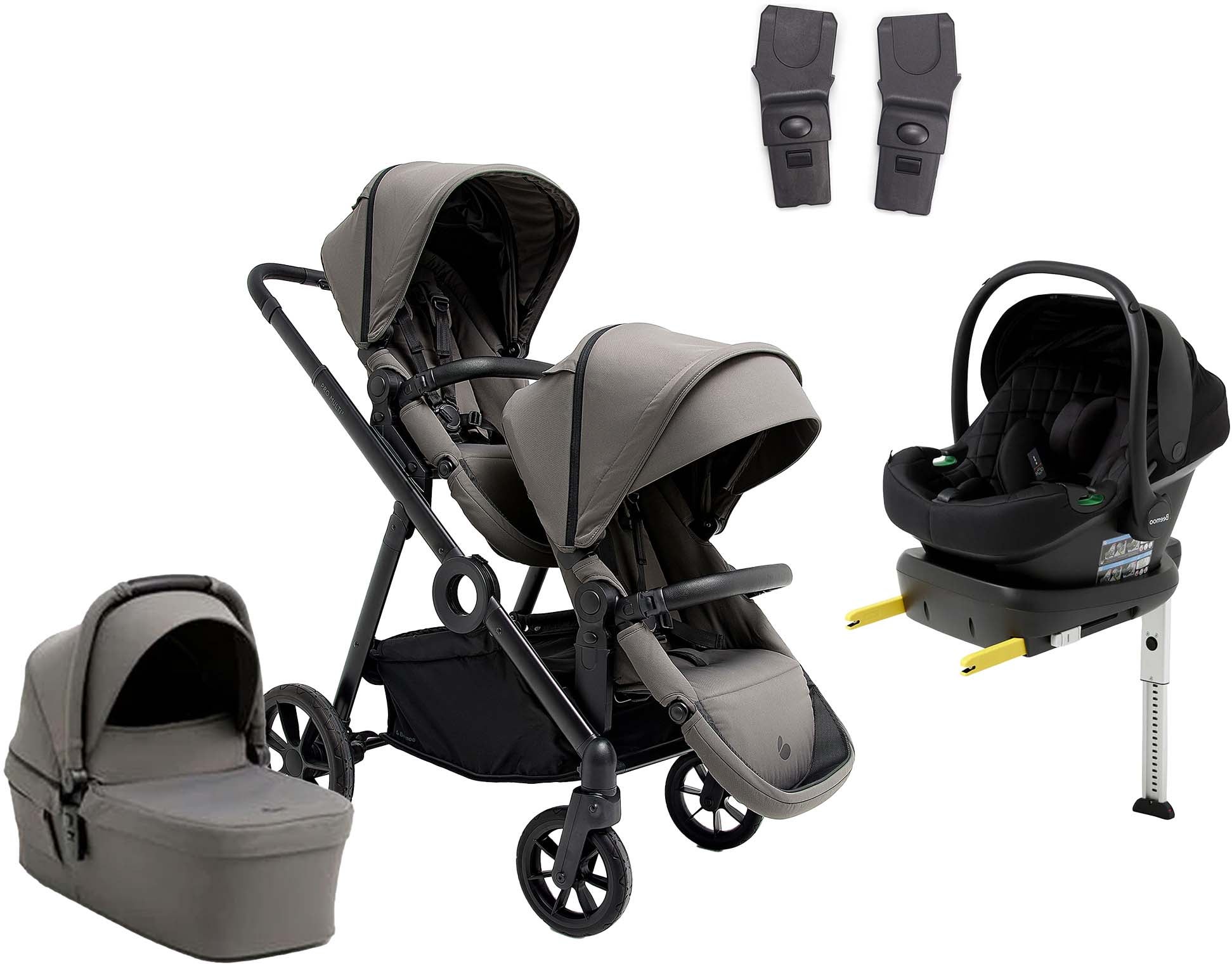 Beemoo Pro Multi 2 Søskendevogn inkl. Route i-Size Autostol Baby & Base, Mocha Grey/Black Stone Beemoo Pro Multi 2 Søskendevogn inkl. Route i-Size Autostol Baby & Base, Mocha Grey/Black Stone