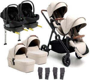 Beemoo Pro Multi 2 Tvillingevogn inkl. Route i-Size Autostol Baby & Base, Latte Beige/Black Stone