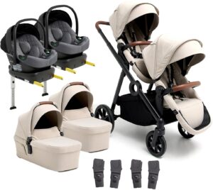 Beemoo Pro Multi 2 Tvillingevogn inkl. Route i-Size Autostol Baby & Base, Latte Beige/Mineral Grey